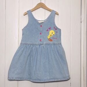 VINTAGE 90s LOONEY TUNES Paper Tag Super Thick Tweety Bird Heart Blue Jean Dress